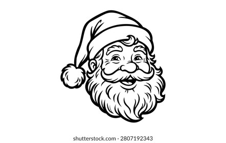 Black and white line drawing of a jolly Santa Claus face featuring a long beard, mustache, and hat. Perfect for holiday designs and festive projects.