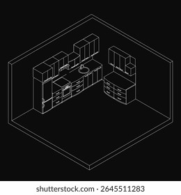 Black and white line drawing of a kitchen featuring a sink, cupboards, and a platform against a dark background. The minimalist design creates a mysterious and elegant atmosphere with clean, detailed.