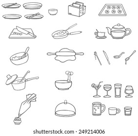 Black and white line drawing kitchenware icon set, create by vector