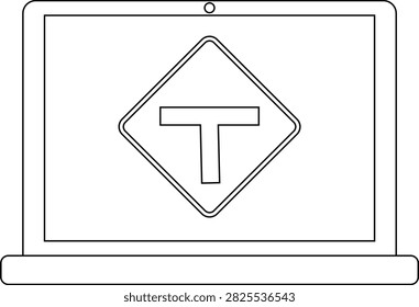 A black and white line drawing of a laptop computer screen displaying a diamond-shaped road sign with a T-junction symbol.