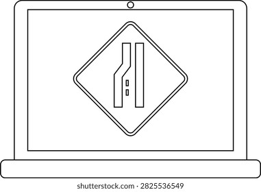 A black and white line drawing of a laptop screen showing a road sign indicating a lane merge.