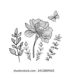 Black and white line drawing with a large flower, butterfly, and small plants with delicate leaves. Elegant botanical illustration for coloring books, design, and decoration.