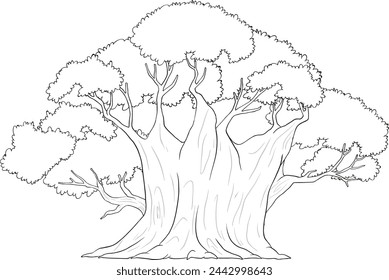 Black and white line drawing of a large tree.