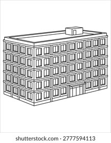 A black and white line drawing of a large building with many windows