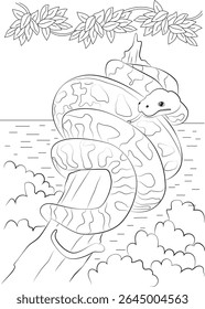 Desenho de linha preta e branca de uma cobra preguiçosa enrolada em torno de um galho de árvore acima da água, ilustração de contorno simples perfeito para colorir páginas ou materiais de educação infantil