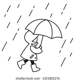 Black and white line drawing of little kid with raincoat and umbrella walking under rain. Cute cartoon vector illustration.