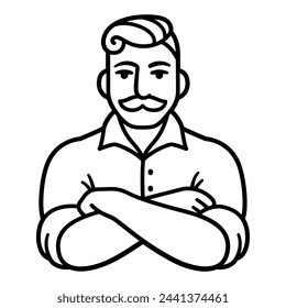 Dibujo en línea en blanco y negro de hombre con bigote con brazos cruzados y mangas enrolladas. Ilustración elegante del logotipo del hipster.