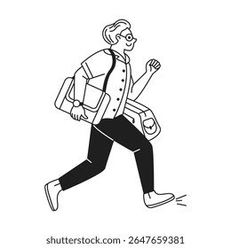 Black and white line drawing of a man with glasses and a smile. He is energetically walking while carrying a shoulder bag and a suitcase. Dynamic and minimalist style.