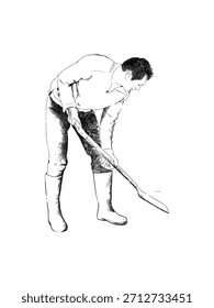 Desenho de linha preto e branco de um homem usando uma escavadeira. Ilustração vetorial.