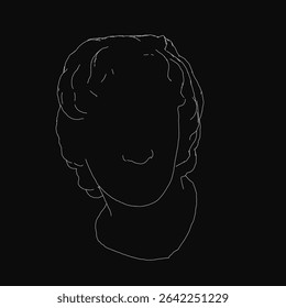A black and white line drawing of a man's face with strong, sculptural features stands out against a dark background. The minimalist style emphasizes clean contours and shading, resembling a.