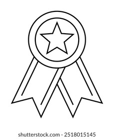 A black and white line drawing of a medal with a star in the center and two ribbons hanging below. Ideal for awards, achievements, recognition, appreciation, and celebrations. Simple and clean style.