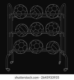 A black and white line drawing of a metal soccer ball rack with four wheels for easy mobility, featuring several neatly arranged soccer balls. The clean contours highlight the functional design