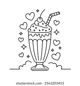  A black and white line drawing of a milkshake in a tall glass, topped with whipped cream and a cherry 