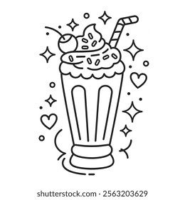  A black and white line drawing of a milkshake in a tall glass, topped with whipped cream and a cherry 