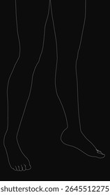 Um desenho em linha preta e branca das pernas de um modelo em primeiro plano, delineado em branco contra um fundo escuro. O contraste acentuado destaca a elegante silhueta das pernas da menina