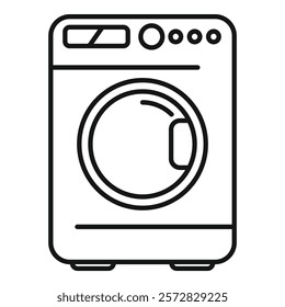 Black and white line drawing of a modern frontloading washer, suitable for manuals or appliancethemed designs