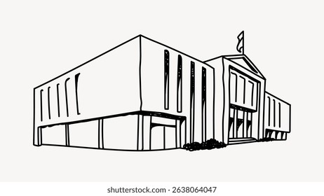 Black and white line drawing of a modern building with flag. Simple architectural sketch of a building. Building design with flag and modern lines. Line art illustration vector.