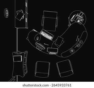 A black and white line drawing of a modern workspace featuring a computer, keyboard, and mouse on a sleek desk. The dark background highlights the clean, minimalist design, with additional office.