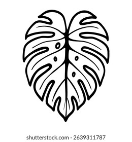 Black and white line drawing of a Monstera deliciosa leaf with characteristic holes and splits, botanical illustration of tropical plant foliage.