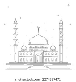 A black and white line drawing of a mosque