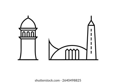 Black and white line drawing of a mosque and minaret.