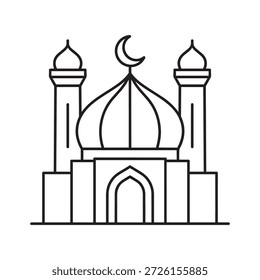 Desenho em linha preta e branca de uma mesquita com uma cúpula central, dois minaretes e uma entrada arqueada enfatizando a simetria e a tradição