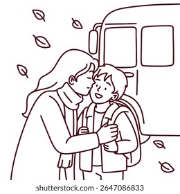 Black and white line drawing of mother saying goodbye to her son before school bus arrival in autumn
