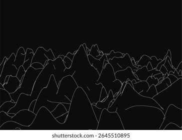 Desenho de linha preto e branco de uma cordilheira com picos agudos e detalhes intrincados, situado contra um fundo escuro para contraste impressionante. Linhas finas e precisas criam profundidade e movimento