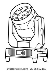 Dibujo de línea en blanco y negro de una luz de escenario principal en movimiento con panel de control: técnica, limpia e ideal para el diseño de iluminación o la ilustración de equipos.