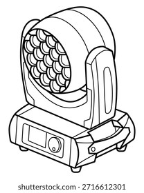 Dibujo de línea en blanco y negro de una luz de escenario principal en movimiento con panel de control: técnica, limpia e ideal para el diseño de iluminación o la ilustración de equipos.