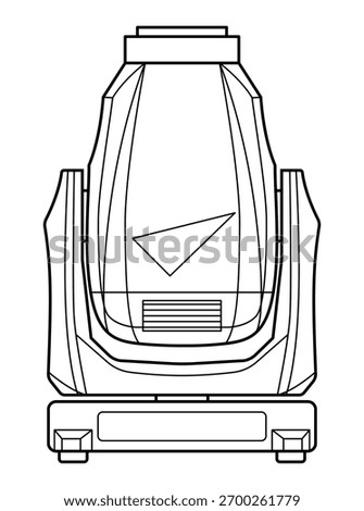 Black and white line drawing of a moving head stage light with vented housing, control panel, and mounting brackets — precise technical illustration for event lighting design.