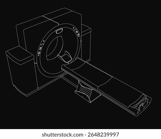 A black and white line drawing of an MRI machine with a cylindrical shape, top handle, and side control panel on a dark background. The detailed sketch highlights the scanner's key components