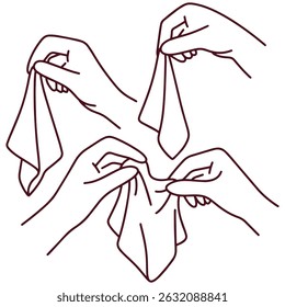 Black and white line drawing of multiple hands stretching cloth pieces. Ideal for coloring page, worksheet on body care, textile education, or hand gesture practice in art or diversity themes