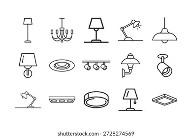 Desenho de linha preto e branco de múltiplas lâmpadas e luminárias, incluindo lâmpadas de mesa, lâmpadas de chão, luzes de pendente e lustres, isolados sobre fundo branco