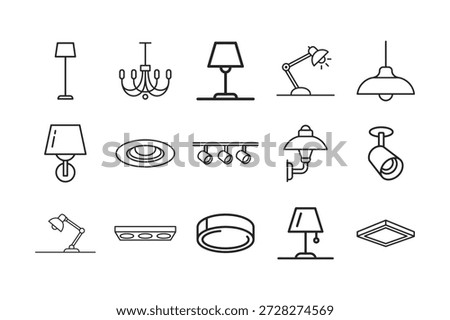 Black and white line drawing of multiple lamps and lighting fixtures, including table lamps, floor lamps, pendant lights, and chandeliers, isolated on white background