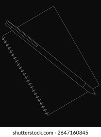 A black and white line drawing of a notepad with a pen resting on top, featuring clean minimalist lines and a sketched aesthetic. The simple yet elegant composition conveys creativity