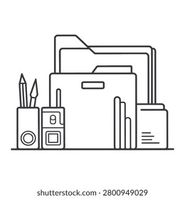 Black and white line drawing of office essentials arranged around an open laptop on a desk.