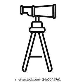 Black and white line drawing of an oldfashioned telescope on a tripod, simplistic icon