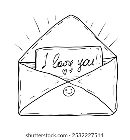 A black and white line drawing of an open envelope containing a note with the handwritten message "I love you" and small hearts. The envelope features a smiley face on the flap.