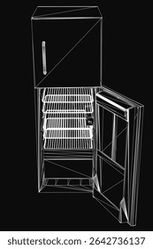 A black and white line drawing of an open refrigerator with its door ajar, revealing an interior grill and shelves. The illustration features clean, minimalist details and a retro aesthetic.