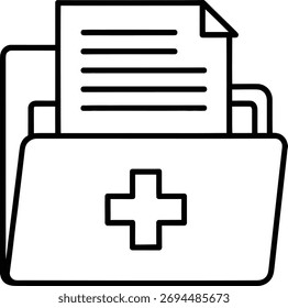 Um desenho a preto e branco de uma pasta de arquivos aberta contendo um documento e exibindo um emblema de cruz médica.