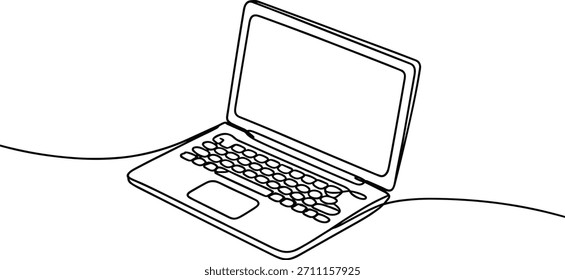 Dibujo de línea en blanco y negro de una computadora portátil abierta