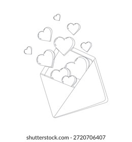 Dibujo de línea en blanco y negro de un sobre abierto con corazones flotantes. Perfecto para manualidades de San Valentín, páginas para colorear y diseños románticos