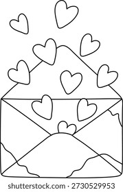 Dibujo de línea en blanco y negro de un sobre abierto con varios corazones que emergen de él.