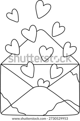 Black and white line drawing of an open envelope with several hearts emerging from it.