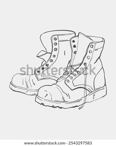Black and white line drawing of a pair of rugged, worn-out work boots with untied laces, highlighting vintage, rustic style.