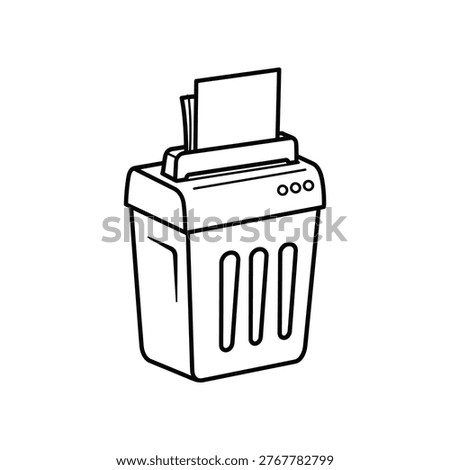 Black and white line drawing of a paper shredder with documents being fed into it, illustrating office equipment in a minimalist style.