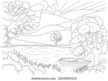 Black and white line drawing of a peaceful lake landscape featuring a boat, trees, and hills under the sun, perfect for coloring or simple graphics.