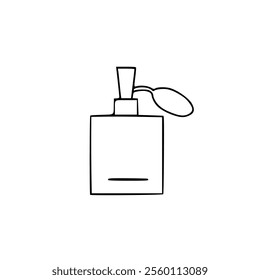 A black and white line drawing of a perfume bottle