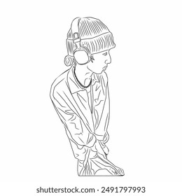 black and white line drawing of a person wearing headphones